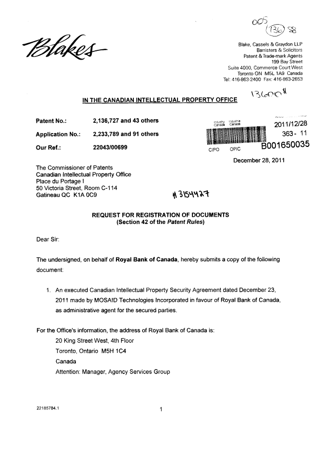 Document de brevet canadien 2432322. Cession 20101228. Image 1 de 16