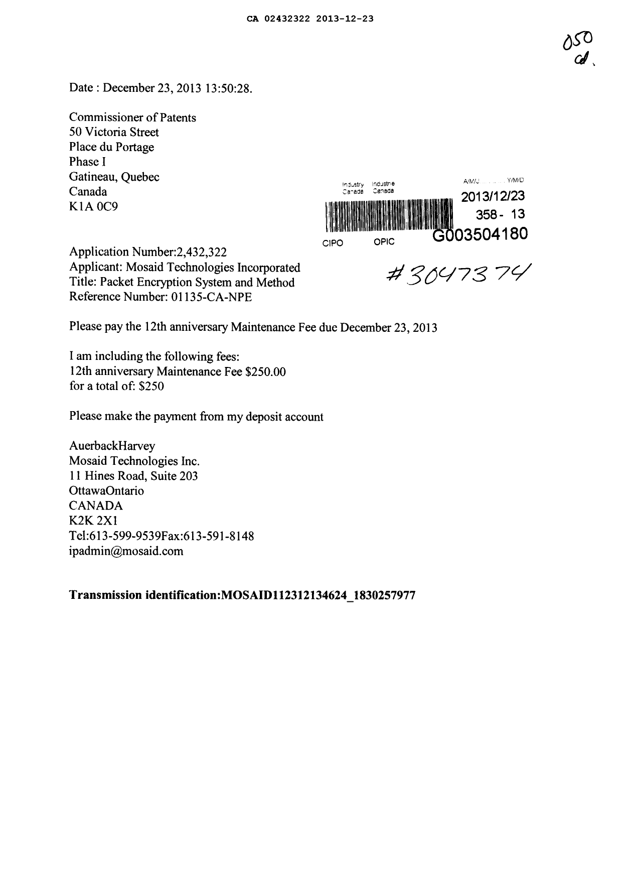 Canadian Patent Document 2432322. Fees 20121223. Image 1 of 1
