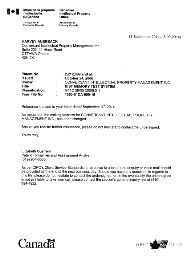 Document de brevet canadien 2432322. Correspondance 20131218. Image 1 de 4