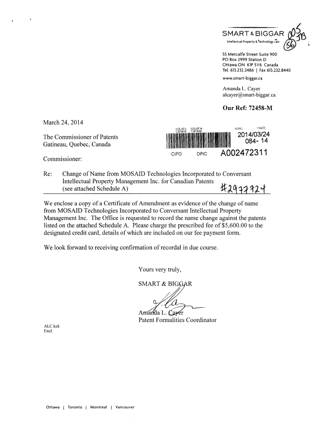 Document de brevet canadien 2432322. Cession 20131224. Image 1 de 6