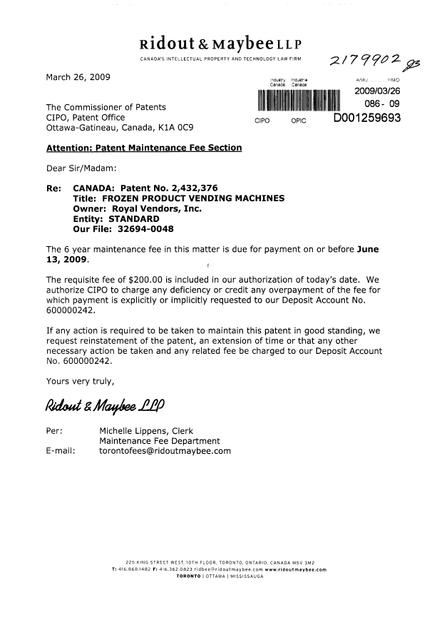 Document de brevet canadien 2432376. Taxes 20090326. Image 1 de 1