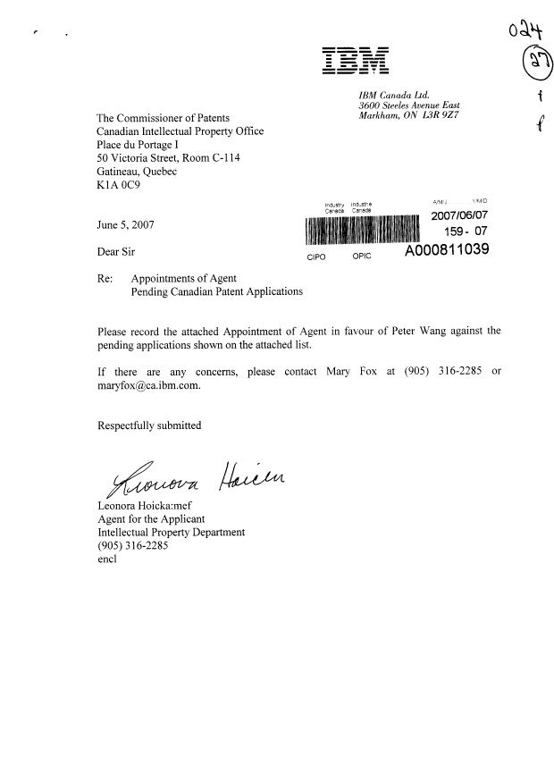 Document de brevet canadien 2432483. Correspondance 20070607. Image 1 de 3