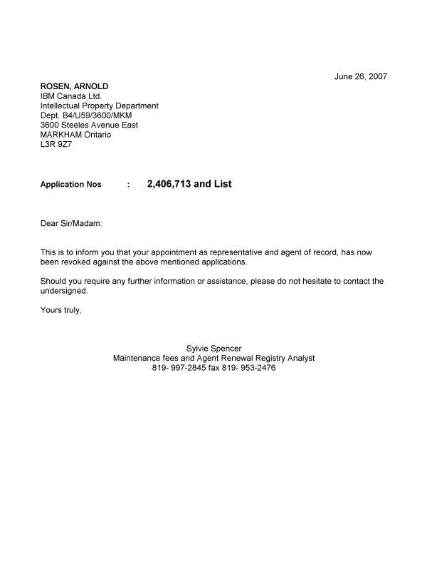 Document de brevet canadien 2432483. Correspondance 20070626. Image 1 de 1
