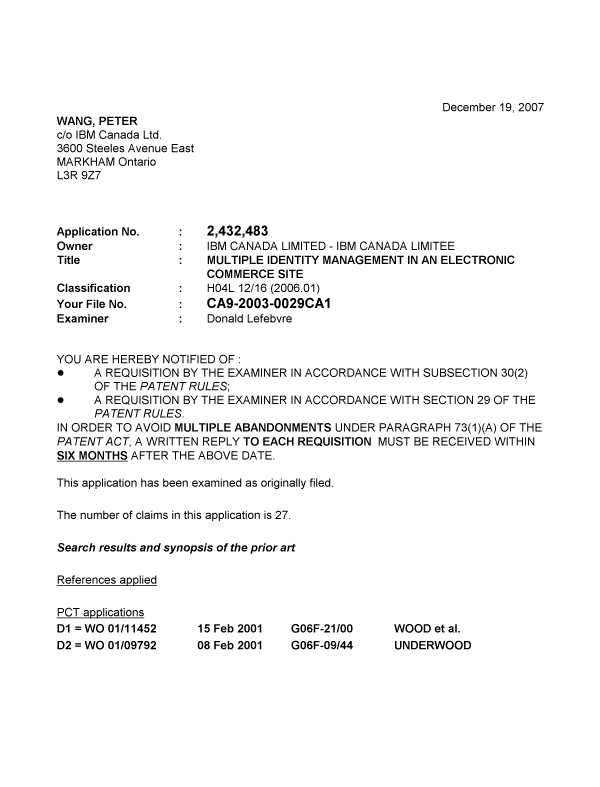 Document de brevet canadien 2432483. Poursuite-Amendment 20071219. Image 1 de 7