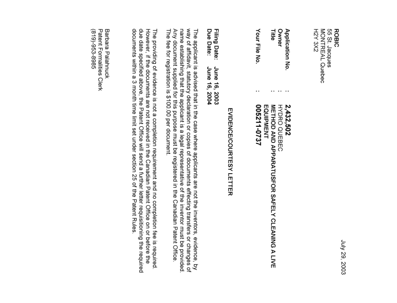 Document de brevet canadien 2432502. Correspondance 20021224. Image 1 de 1