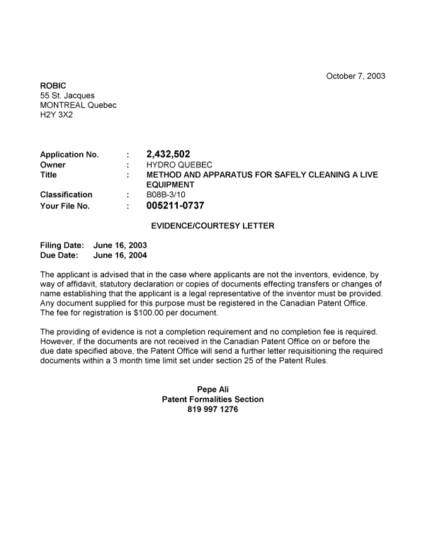 Canadian Patent Document 2432502. Correspondence 20031006. Image 1 of 1
