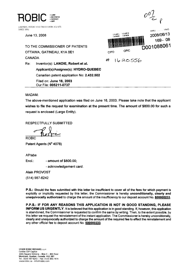 Document de brevet canadien 2432502. Poursuite-Amendment 20071213. Image 1 de 1