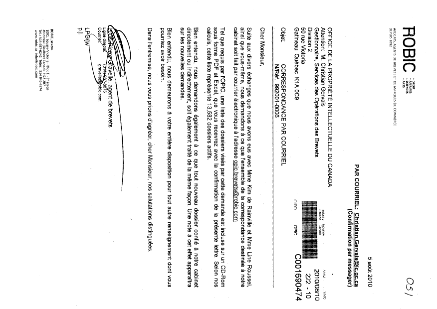 Document de brevet canadien 2432502. Correspondance 20091210. Image 1 de 1