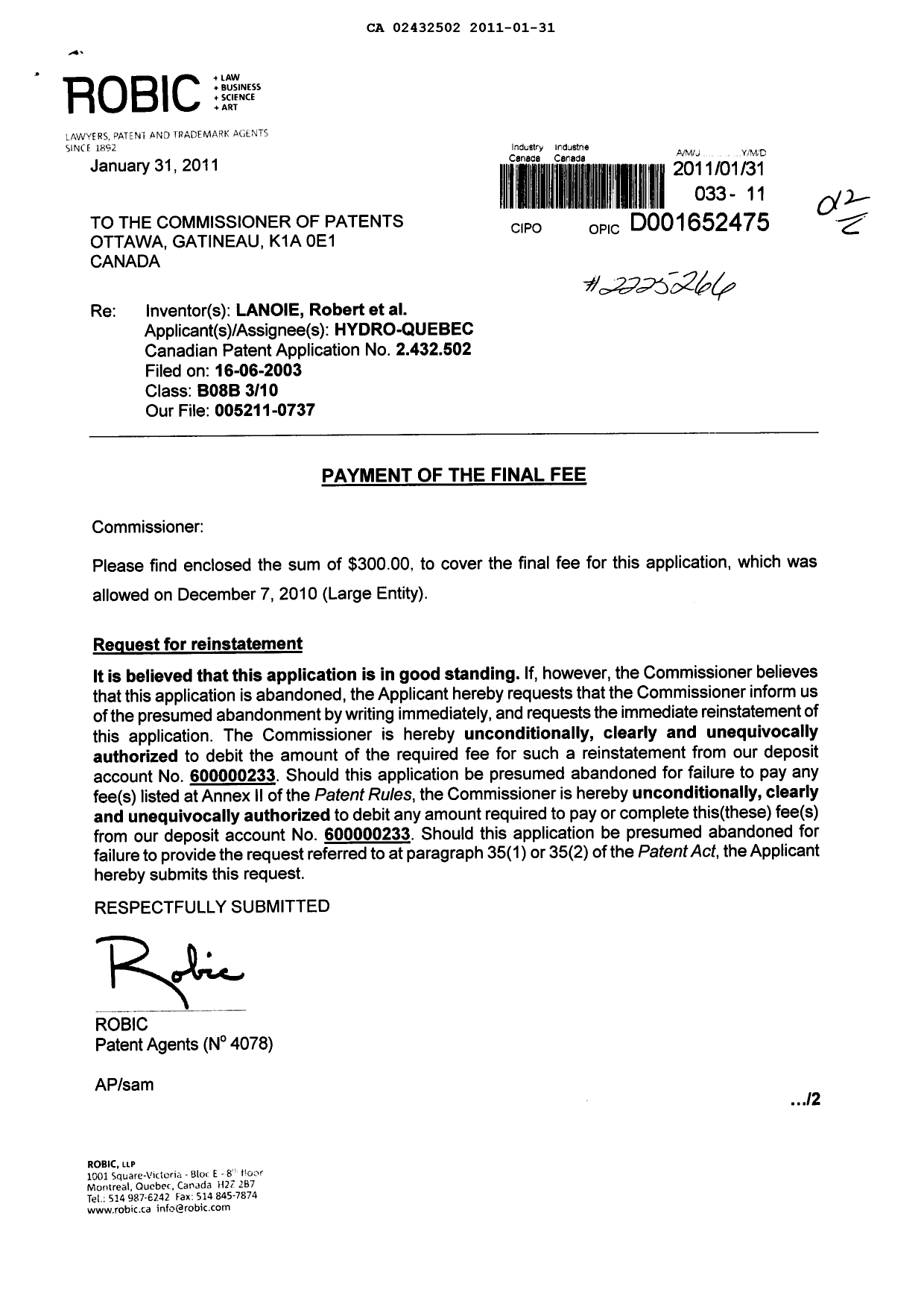 Document de brevet canadien 2432502. Correspondance 20101231. Image 1 de 2