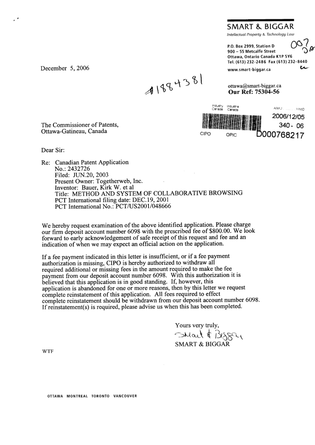 Canadian Patent Document 2432726. Prosecution-Amendment 20061205. Image 1 of 1