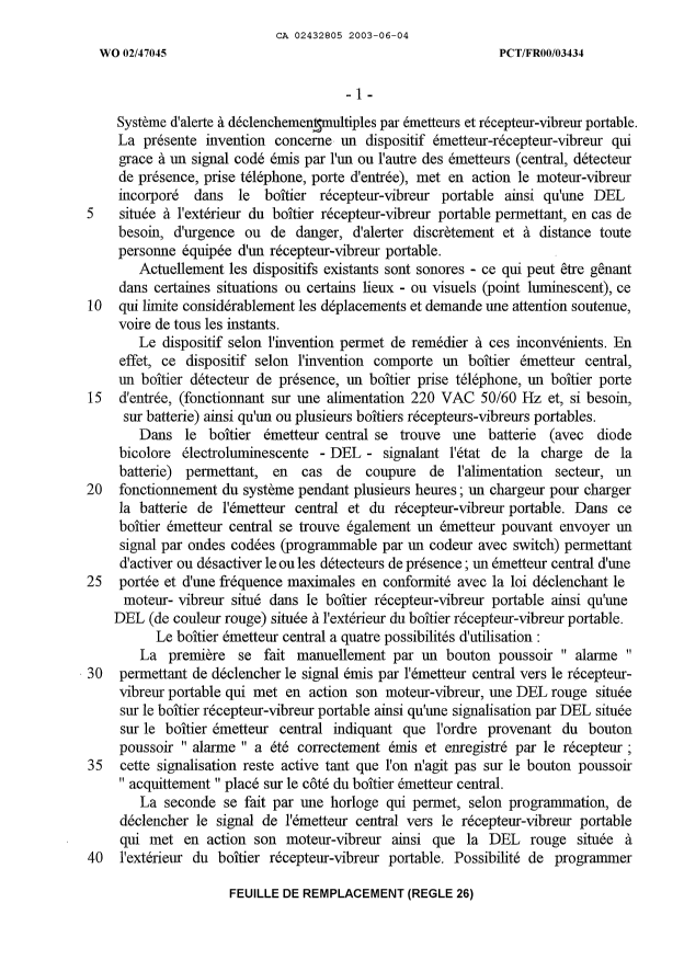 Document de brevet canadien 2432805. Description 20030604. Image 1 de 7
