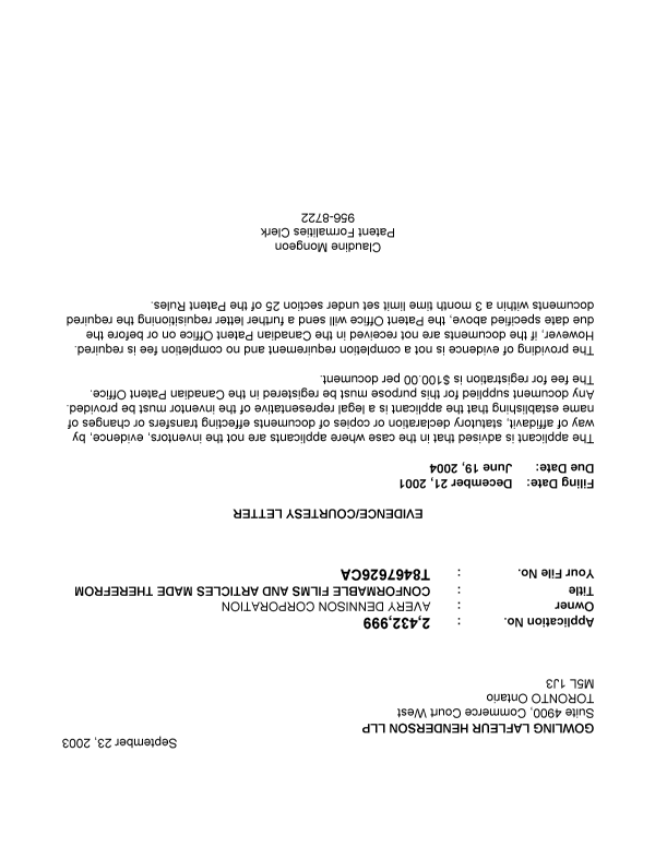 Document de brevet canadien 2432999. Correspondance 20021218. Image 1 de 1