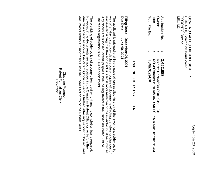 Document de brevet canadien 2432999. Correspondance 20021218. Image 1 de 1