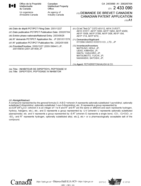 Document de brevet canadien 2433090. Page couverture 20030821. Image 1 de 2