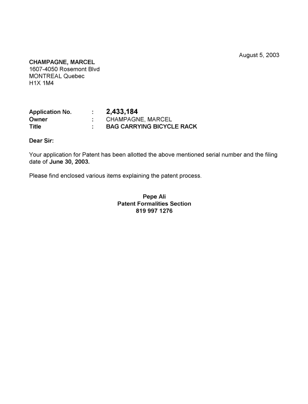 Canadian Patent Document 2433184. Correspondence 20030730. Image 1 of 1