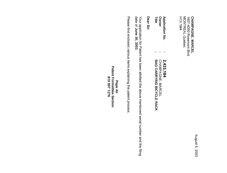 Document de brevet canadien 2433184. Correspondance 20030730. Image 1 de 1