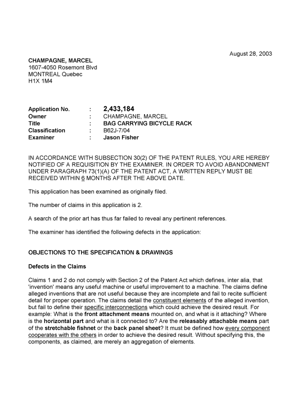Canadian Patent Document 2433184. Prosecution-Amendment 20030828. Image 1 of 4