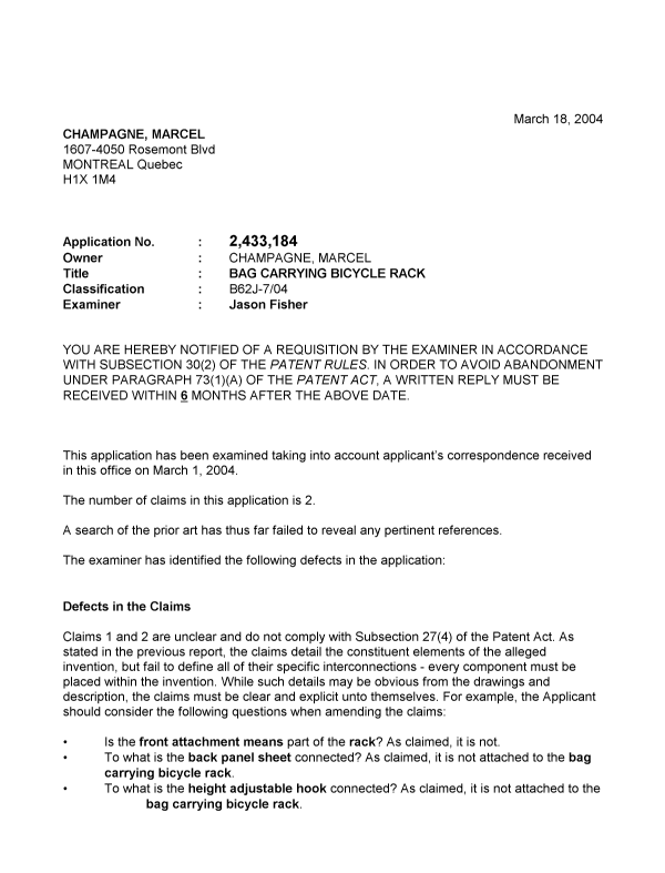 Canadian Patent Document 2433184. Prosecution-Amendment 20040318. Image 1 of 3