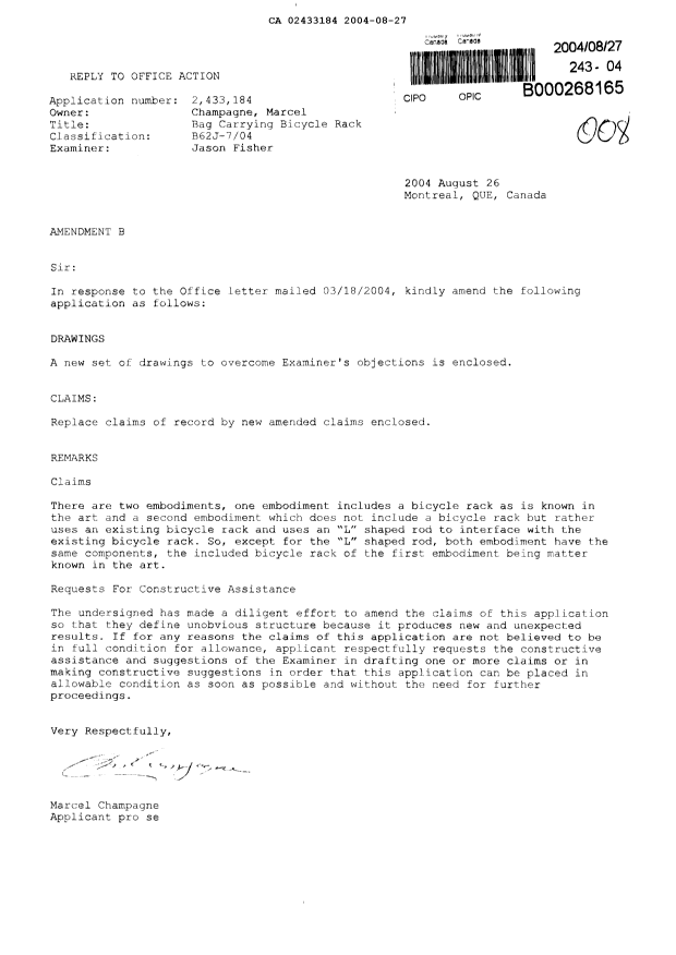 Canadian Patent Document 2433184. Prosecution-Amendment 20040827. Image 1 of 7
