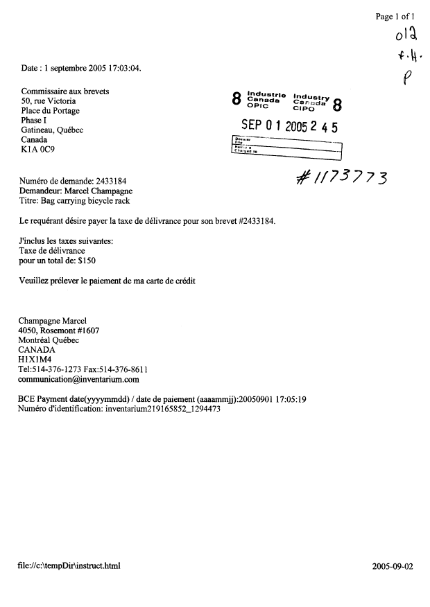 Canadian Patent Document 2433184. Correspondence 20050901. Image 1 of 1