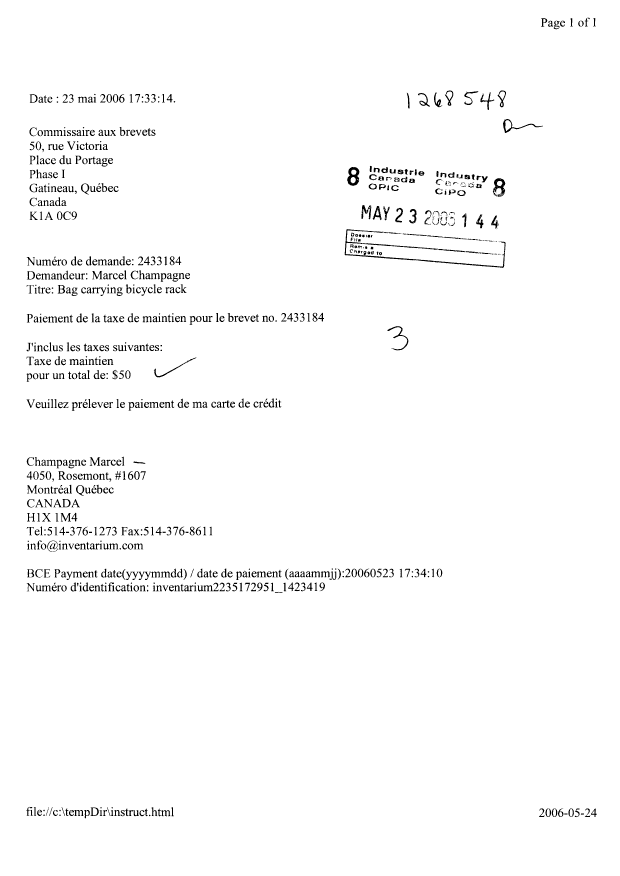 Document de brevet canadien 2433184. Taxes 20060523. Image 1 de 1