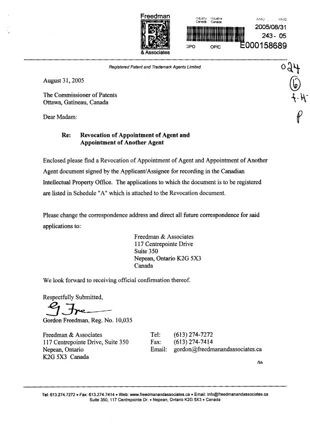 Canadian Patent Document 2433431. Correspondence 20050831. Image 1 of 3