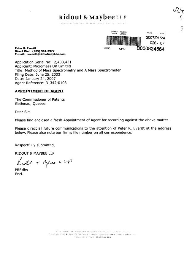 Canadian Patent Document 2433431. Correspondence 20070124. Image 1 of 3