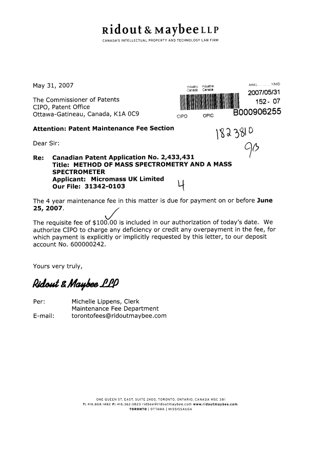 Canadian Patent Document 2433431. Fees 20070531. Image 1 of 1
