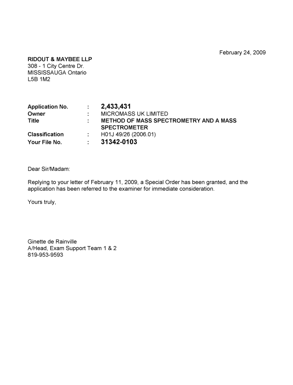 Canadian Patent Document 2433431. Prosecution-Amendment 20090224. Image 1 of 1