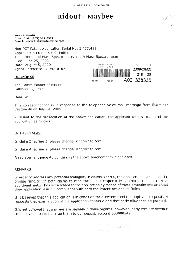 Canadian Patent Document 2433431. Prosecution-Amendment 20090805. Image 1 of 3
