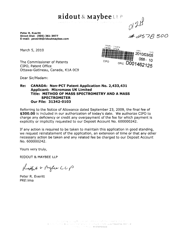 Canadian Patent Document 2433431. Correspondence 20100305. Image 1 of 1