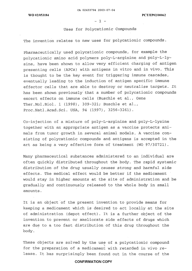 Document de brevet canadien 2433794. Description 20030704. Image 1 de 20