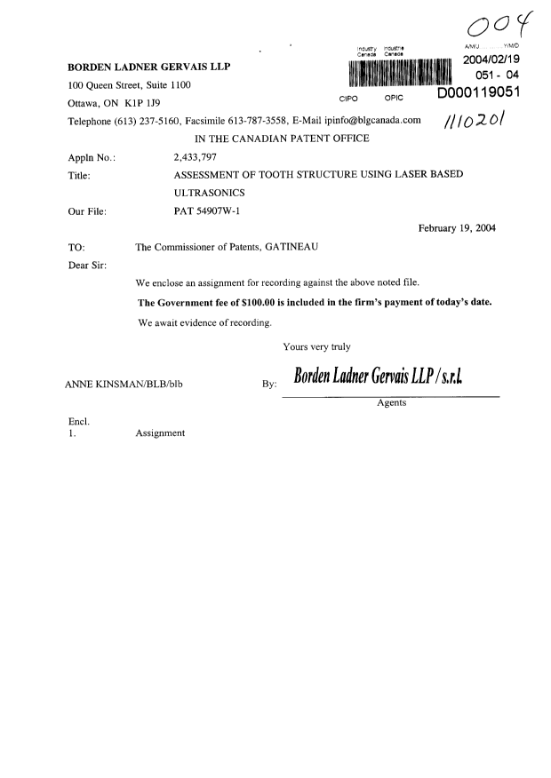 Document de brevet canadien 2433797. Cession 20040219. Image 1 de 3
