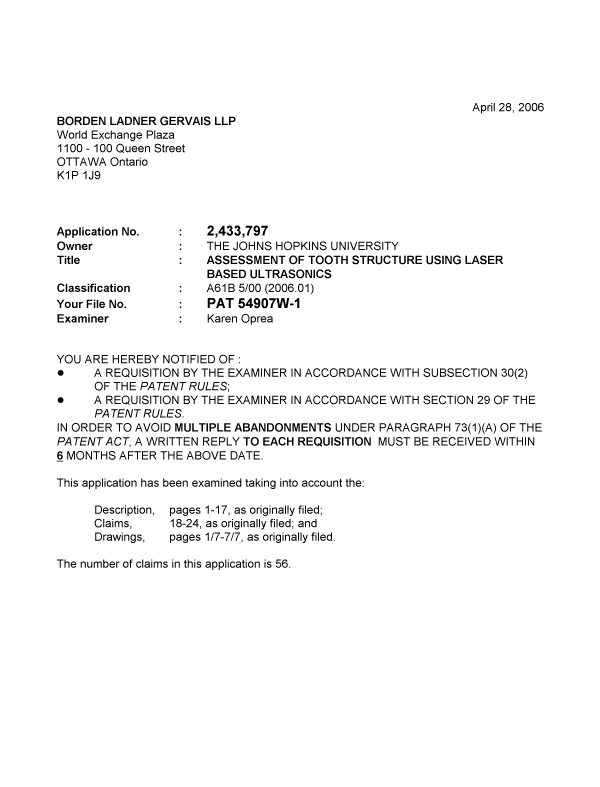 Canadian Patent Document 2433797. Prosecution-Amendment 20060428. Image 1 of 3