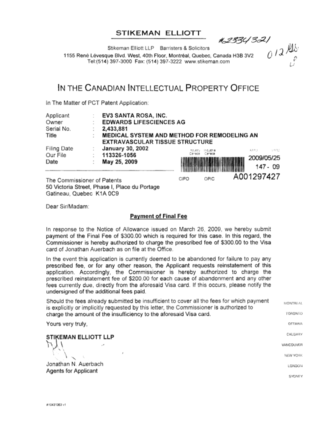 Document de brevet canadien 2433881. Correspondance 20090525. Image 1 de 1