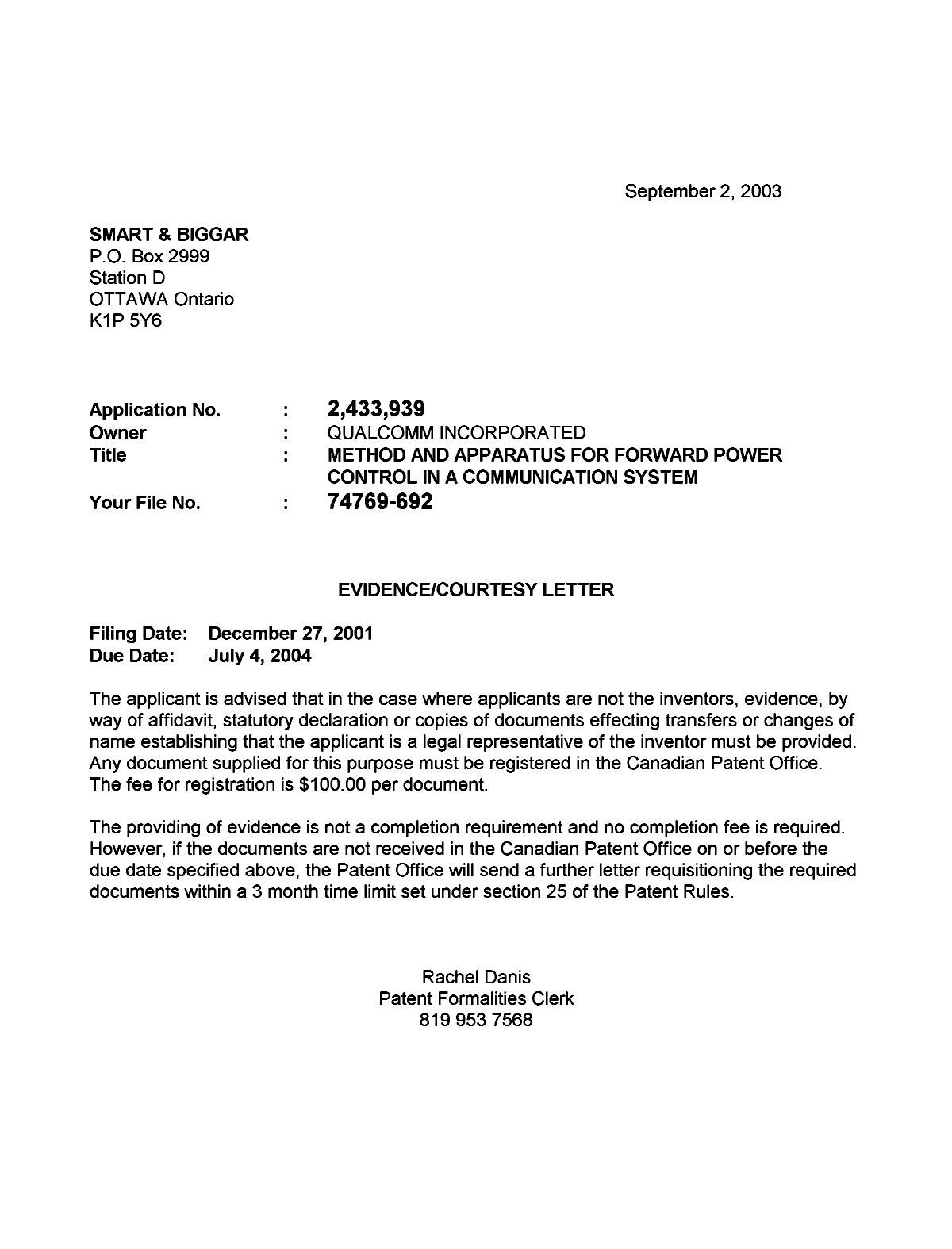 Document de brevet canadien 2433939. Correspondance 20021228. Image 1 de 1