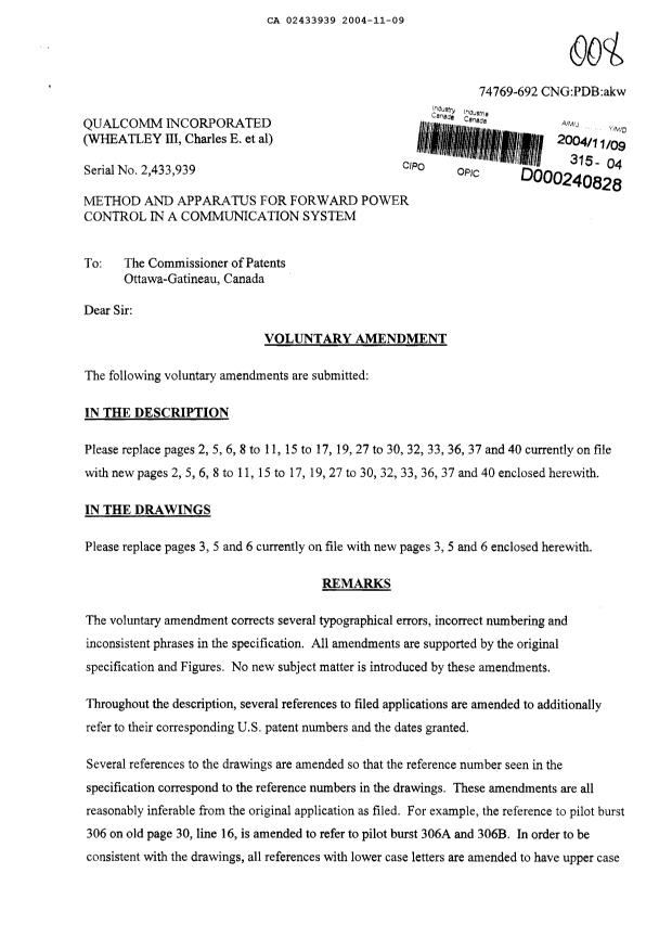 Canadian Patent Document 2433939. Prosecution-Amendment 20031209. Image 1 of 25