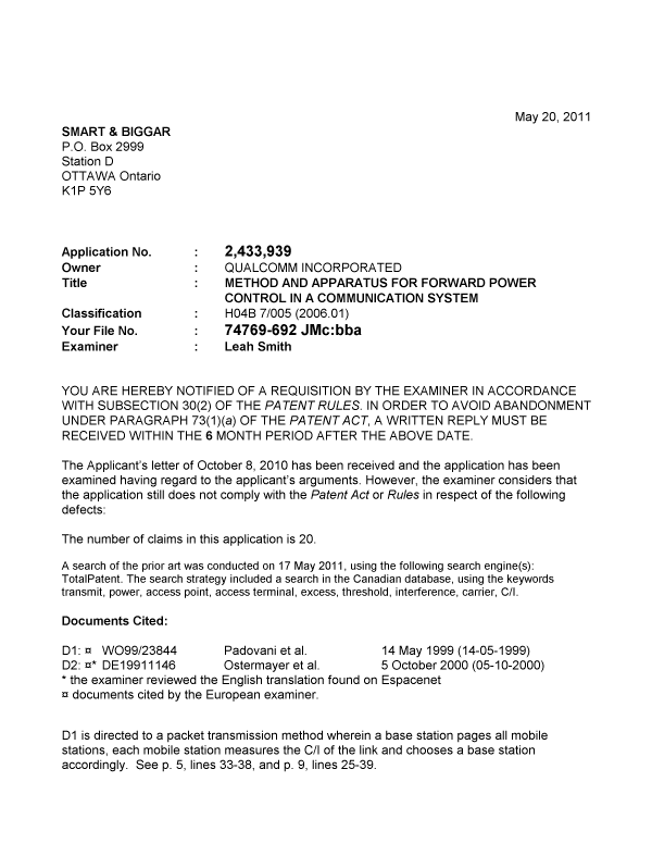 Canadian Patent Document 2433939. Prosecution-Amendment 20101220. Image 1 of 2