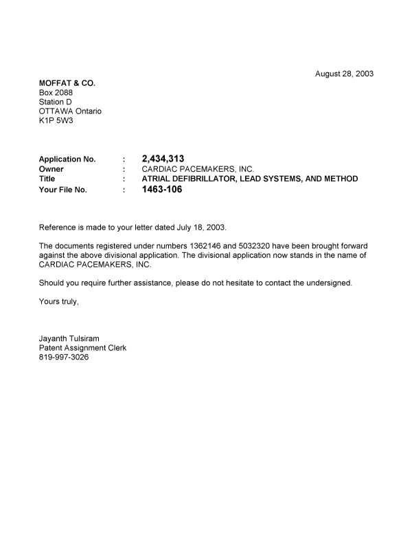 Canadian Patent Document 2434313. Correspondence 20030904. Image 1 of 1