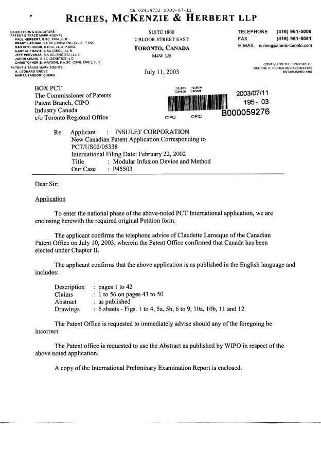 Document de brevet canadien 2434731. Cession 20030711. Image 1 de 8