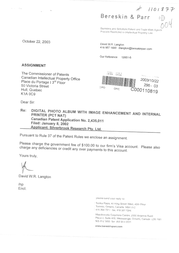 Document de brevet canadien 2435011. Cession 20031022. Image 1 de 2