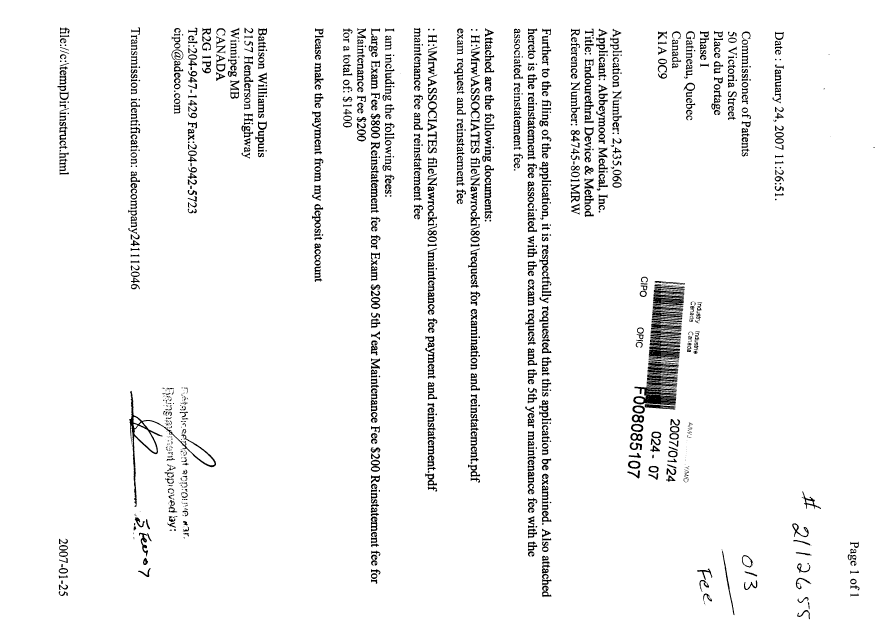 Canadian Patent Document 2435060. Fees 20070124. Image 1 of 2