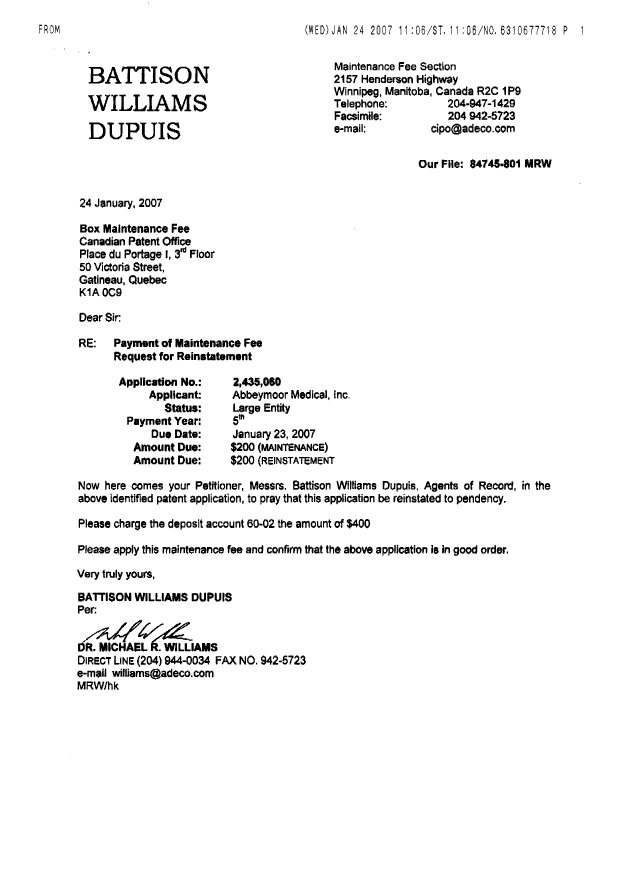 Canadian Patent Document 2435060. Fees 20070124. Image 2 of 2