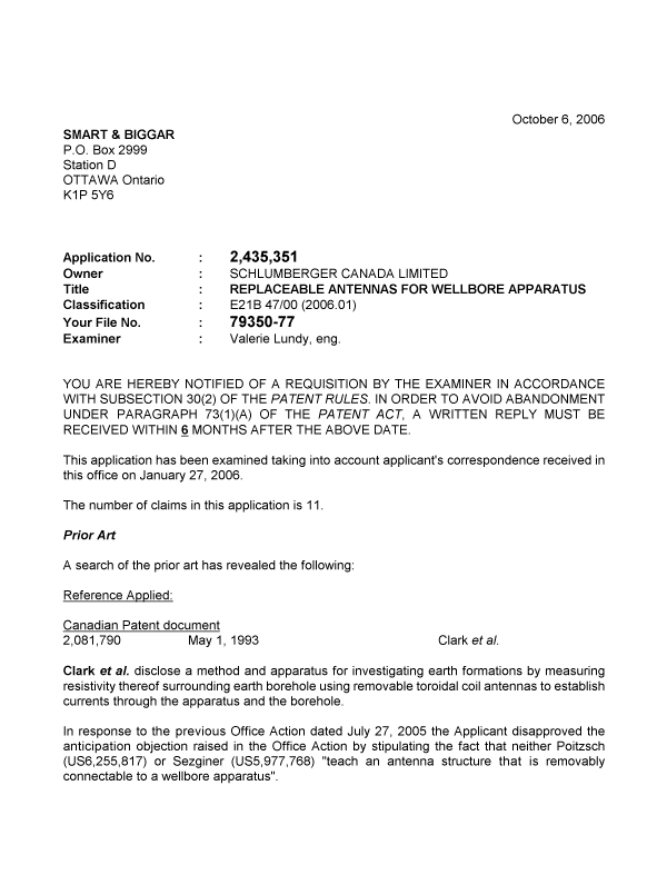 Canadian Patent Document 2435351. Prosecution-Amendment 20061006. Image 1 of 2