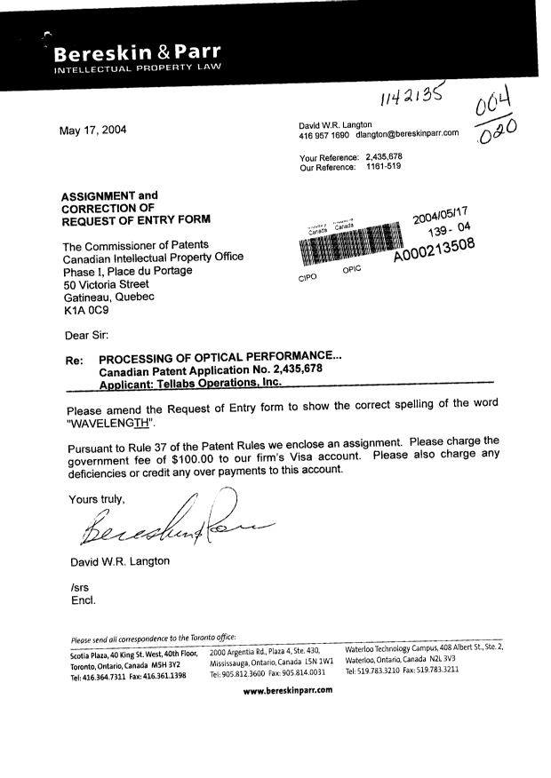 Canadian Patent Document 2435678. Correspondence 20040517. Image 1 of 1
