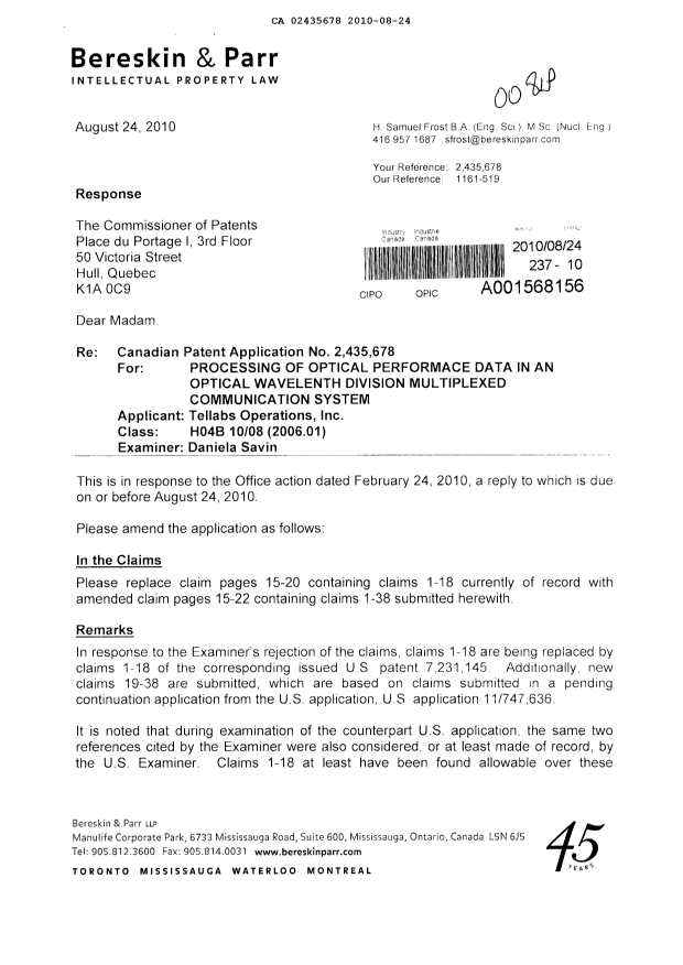 Canadian Patent Document 2435678. Prosecution-Amendment 20100824. Image 1 of 10