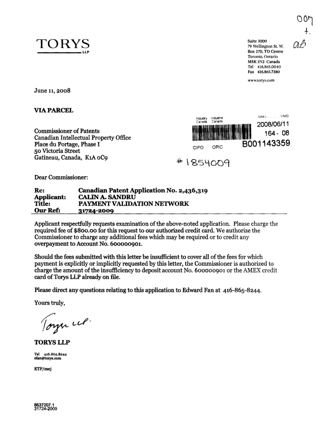 Document de brevet canadien 2436319. Poursuite-Amendment 20080611. Image 1 de 1