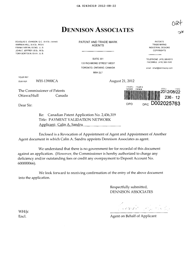 Canadian Patent Document 2436319. Correspondence 20120822. Image 1 of 2