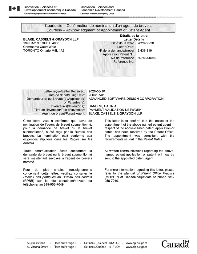 Document de brevet canadien 2436319. Lettre du bureau 20200820. Image 1 de 1