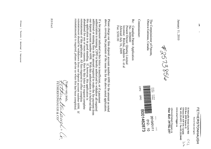 Canadian Patent Document 2436600. Correspondence 20100111. Image 1 of 1